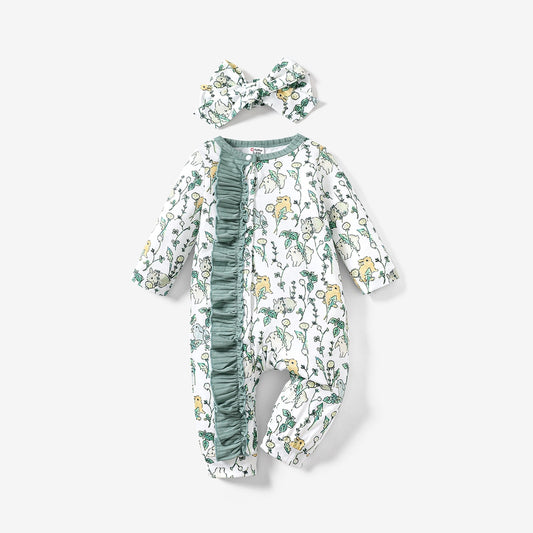 Baby Girl 2pcs Green Rabbit Ruffle Jumpsuit Set