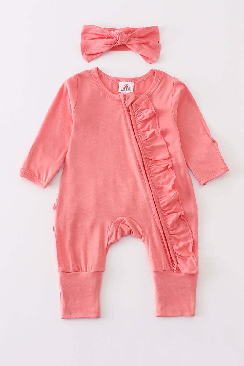 Peach Bamboo Ruffle Zipper 2 pc baby romper