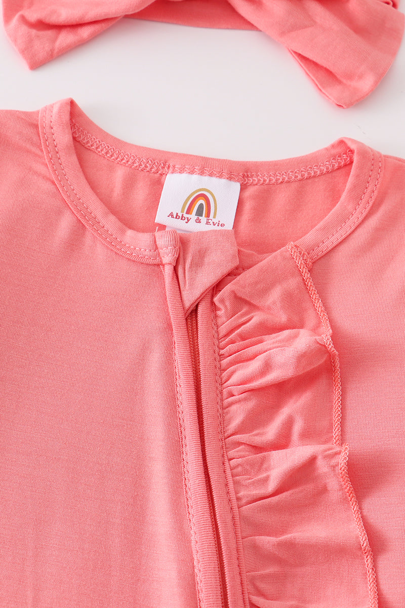 Peach Bamboo Ruffle Zipper 2 pc baby romper