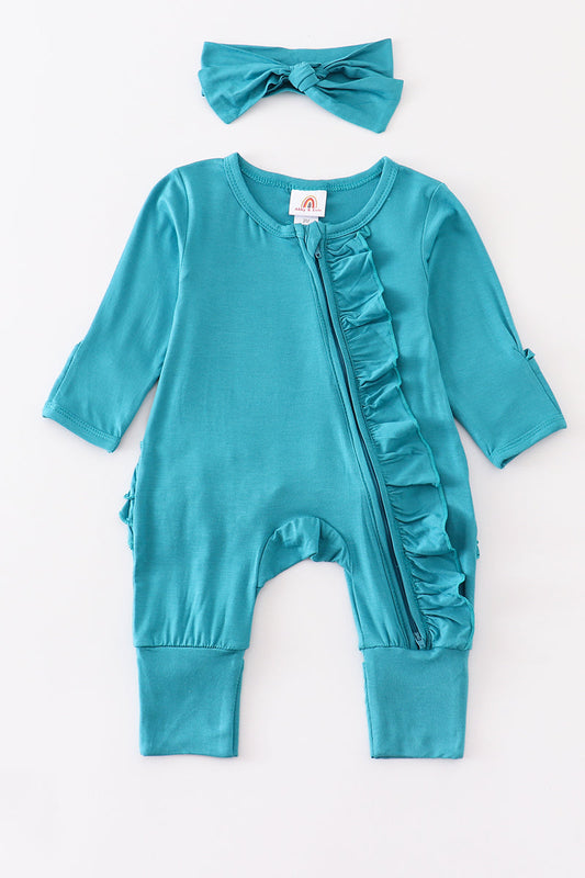 Teal bamboo ruffle zipper 2pc baby romper