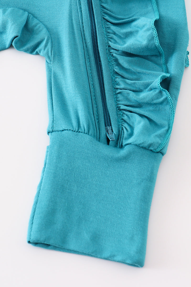 Teal bamboo ruffle zipper 2pc baby romper