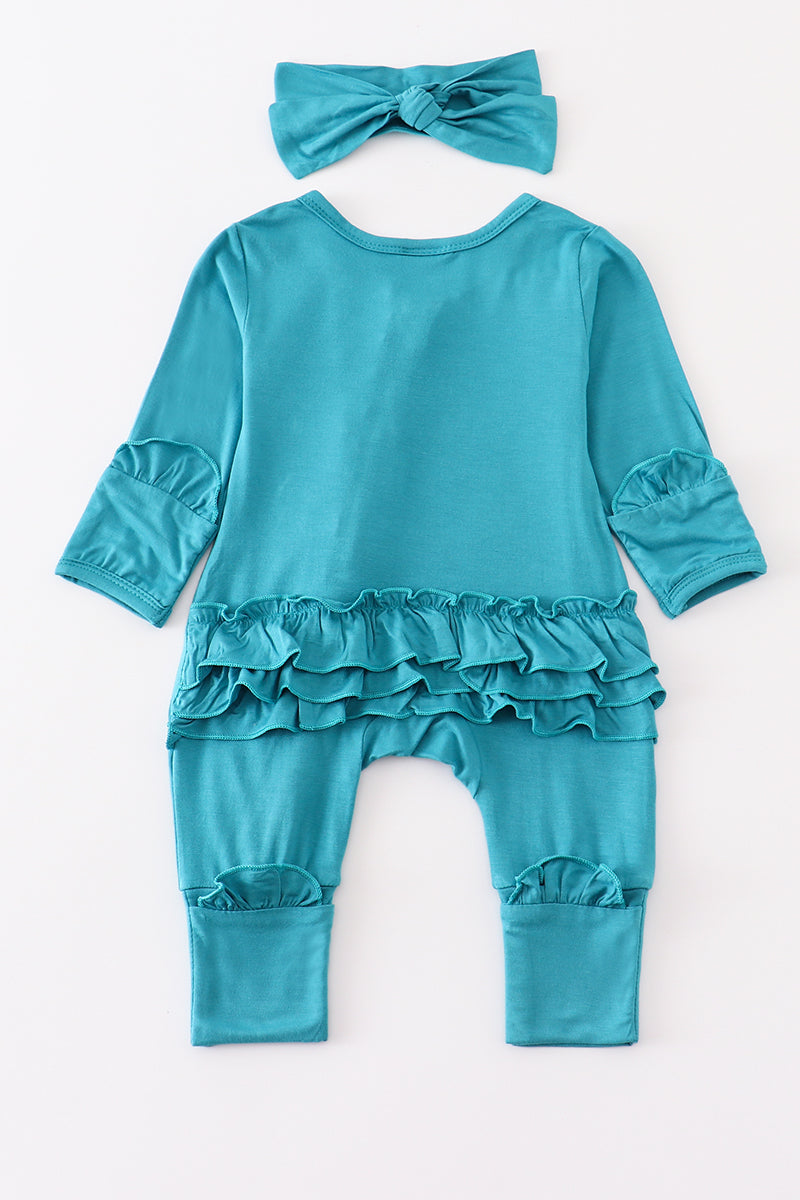 Teal bamboo ruffle zipper 2pc baby romper