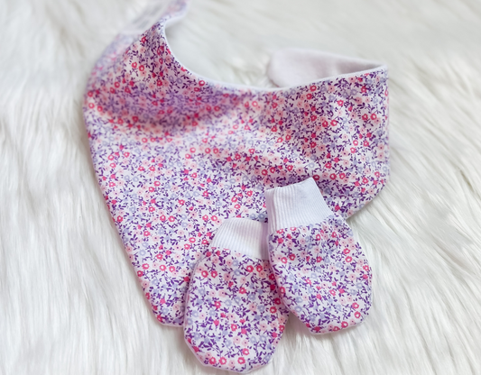 Purple Floral Bandana Bib and No Scratch Hand Mittens