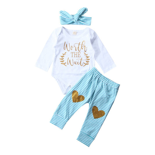 Baby Girl 3PCS Heart Blue Striped Set