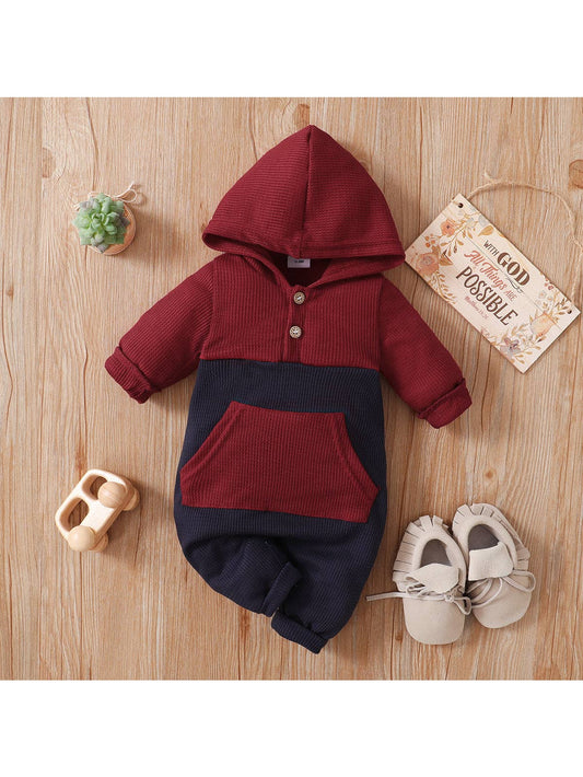 Baby Boy Waffle Colorblock Long-sleeve Hooded Jumpsuit