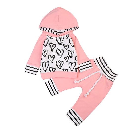 Baby Girl Pink Heart Hooded Top Striped Pants