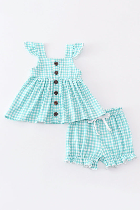 Baby Girl Green plaid buttons ruffle baby set