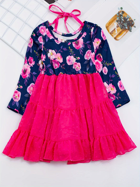 Girl Floral Tie Ruffle Accent Dress