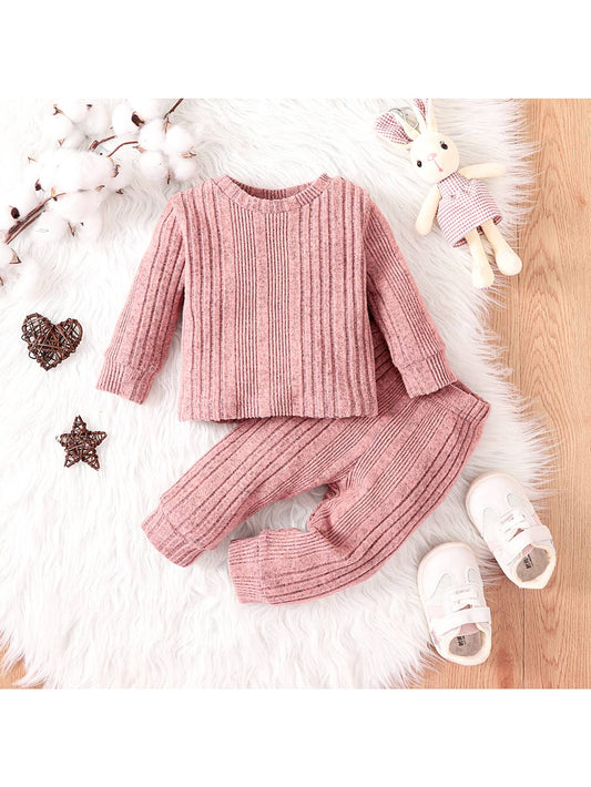 Baby Girl 2pcs Pink Rib Knit Long-Sleeve Set