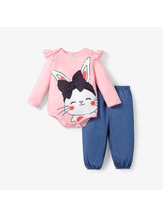 Baby Girl 2PCS Childlike Rabbit Pattern Flutter Sleeve Set