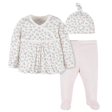 Baby Girl 3-Piece Leopard Long Sleeve Shirt, Footed Pant, & Cap Set